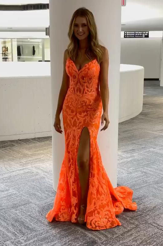spaghetti straps orange mermaid v neck lace prom dresses slit long evening gown
