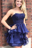 navy blue homecoming dress a line strapless short prom dress