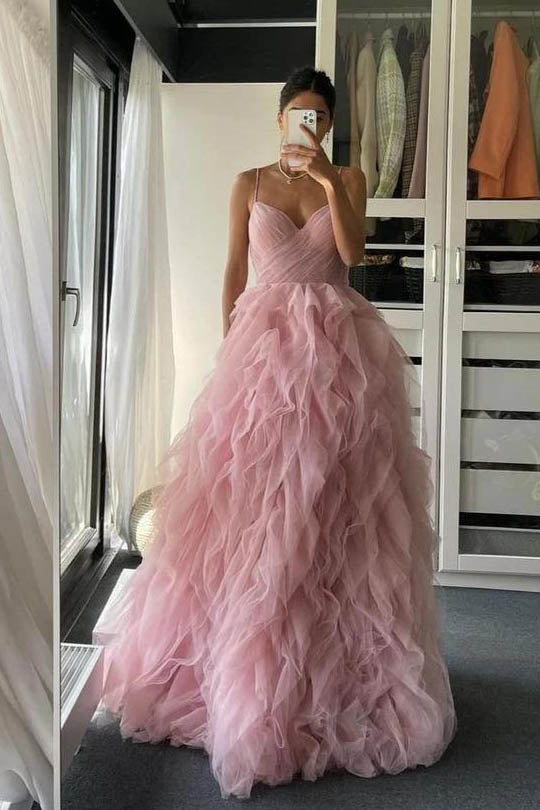 Pink Spaghetti Straps Ruffles Long Tulle Prom Dress, Formal Gown UQP0099