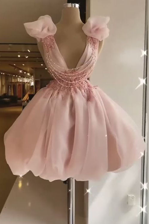 A line V neck Tulle Pink Homecoming Dresses with Beading, Pink Party Dress GM534