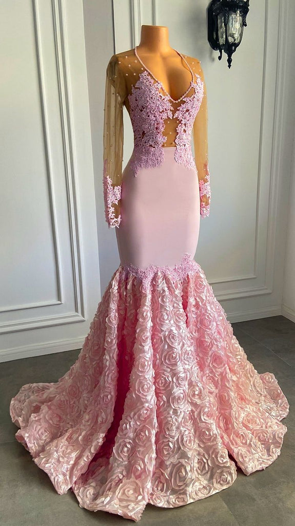 pink long sleeves lace tulle prom dresses appliques mermaid evening formal gown