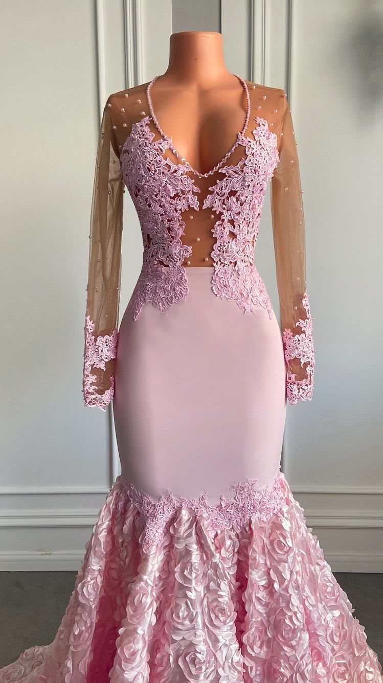 Pink Long Sleeves Lace Tulle Prom Dresses Appliques Mermaid Evening Formal Gown GP429