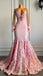 pink long sleeves lace tulle prom dresses appliques mermaid evening formal gown