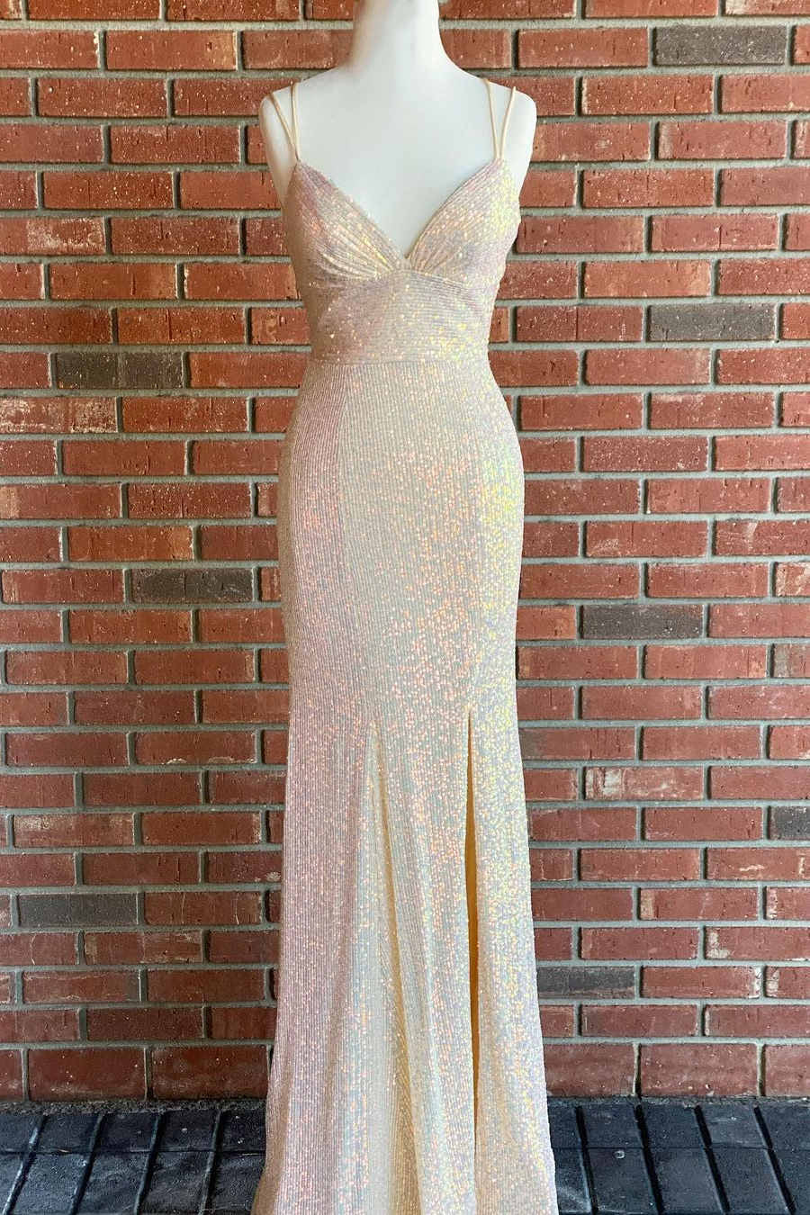 V Neck Straps Sequined Mermaid Prom Dresses, Long Slit Evening Dresses GP404