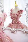 Princess Pink Tulle Long Prom Dresses, Ball Gown Flowers Quinceanera Dress GP539