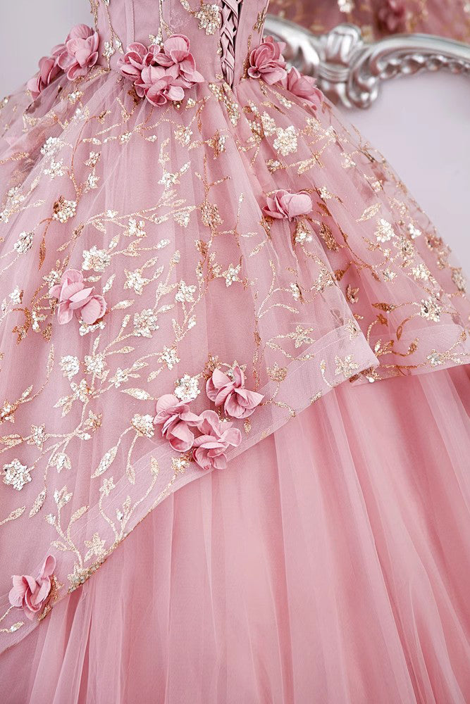 princess pink tulle long prom dresses ball gown flowers quinceanera dress