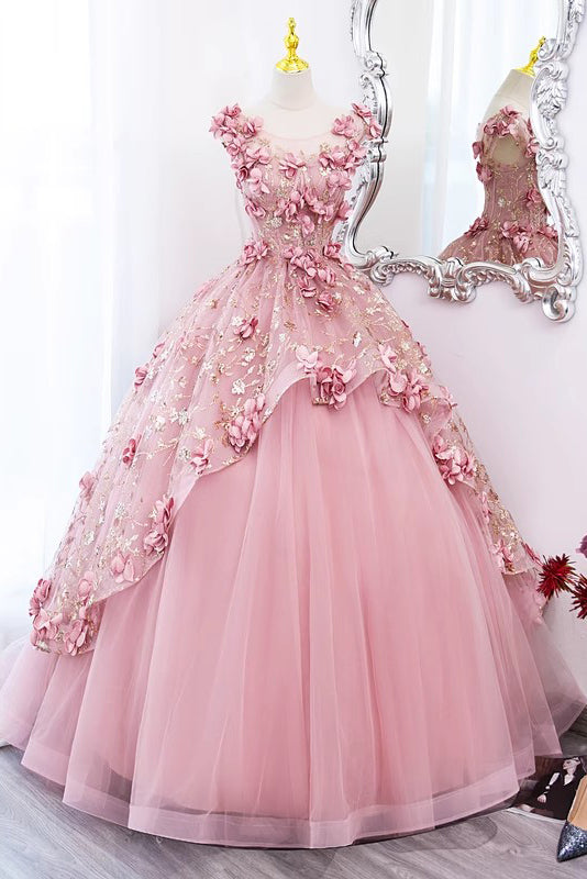 princess pink tulle long prom dresses ball gown flowers quinceanera dress