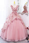 Princess Pink Tulle Long Prom Dresses, Ball Gown Flowers Quinceanera Dress GP539