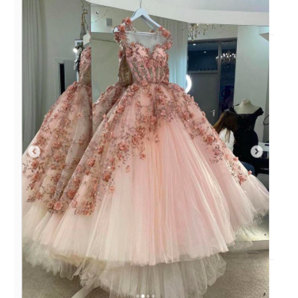 Pink 3D Flower See-through Tulle Puffy Ball Gowns Quinceanera Dresses GP350