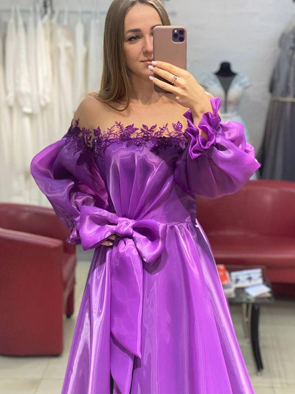 off shoulder long sleeves purple long prom dress with bowknot