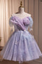 Purple Tulle Off the Shoulder Homecoming Dress Short Prom Gown with Butterfly GM664