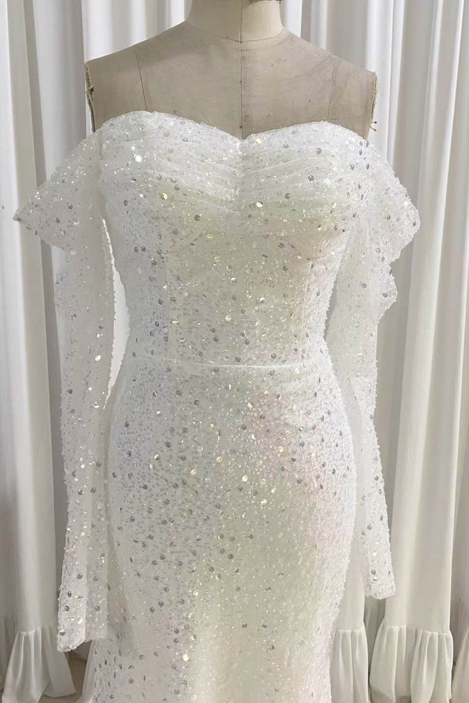 Ivory Long Sleeves Mermaid Sequined Prom Dress, Sparkly Long Wedding Dresses PW498