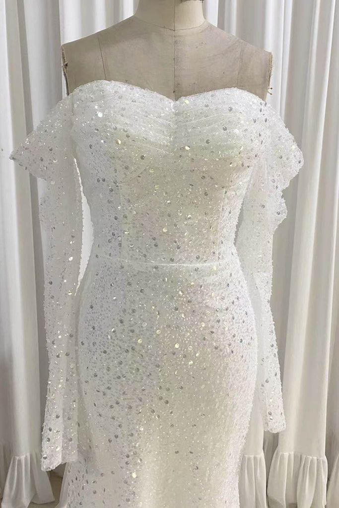 ivory long sleeves mermaid sequined prom dress sparkly long wedding dresses