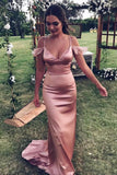 spaghetti straps satin sheath drop sleeves rose gold long prom dress