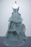 charming spaghetti straps tulle dusty green long prom dress glitter formal party dress