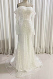 Ivory Long Sleeves Mermaid Sequined Prom Dress, Sparkly Long Wedding Dresses PW498
