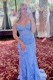 Sweetheart Blue Lace Mermaid Long Formal Dresses, Best Prom Dresses GP362