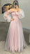 blush pink off shoulder puffy sleeves tulle princess long prom dress