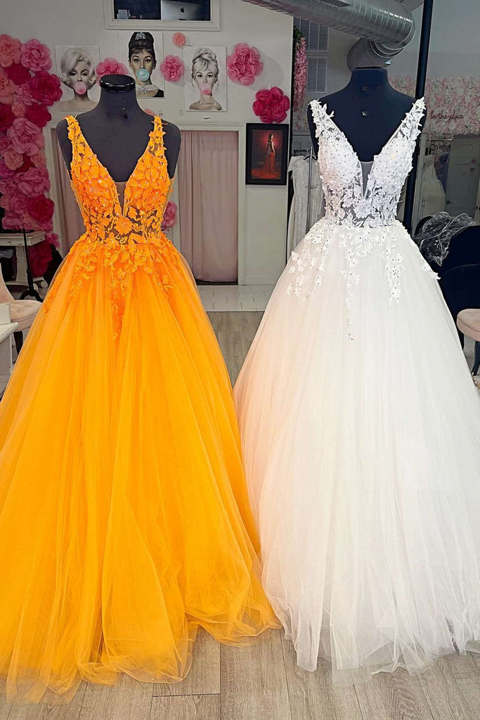 stunning appliques v neck a line orange tulle long prom dresses