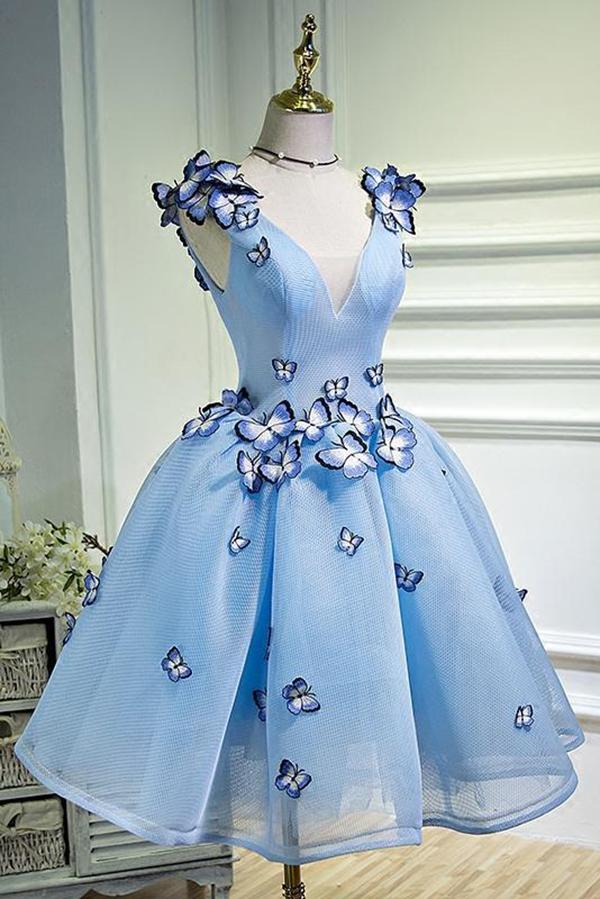 sky blue sweet 16 dress a line homecoming dress with butterfly appliques