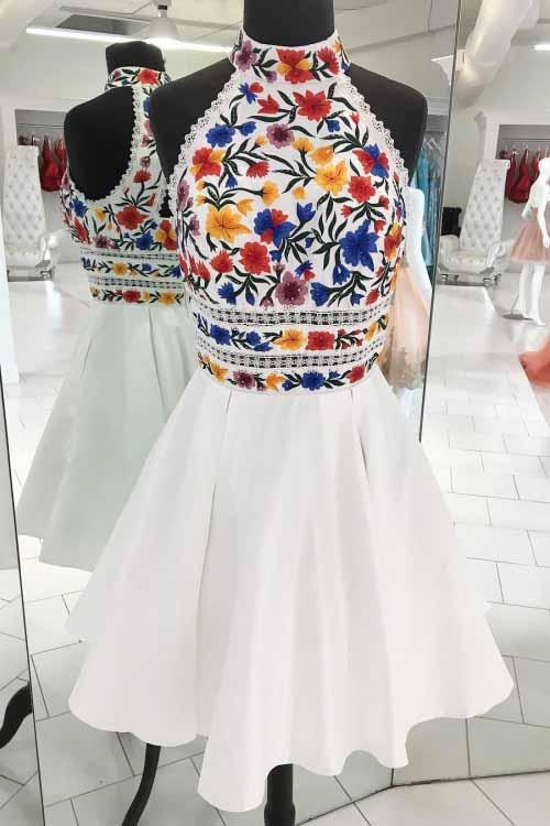 a line white high neck short prom dresses sleeveless short homecoming dress