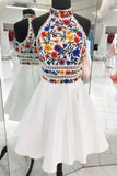 a line white high neck short prom dresses sleeveless short homecoming dress