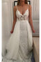 Lace Beach Wedding Dress Spaghetti Straps V-Neck with Detachable Train PW413