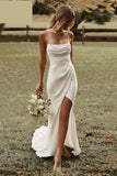 Ivory Spaghetti Straps Sheath Beach Wedding Dresses, Simple Slit Wedding Dress PW475