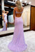 sequins v neck mermaid lilac prom dresses with slit evening party dress