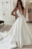 Strapless Satin Simple Wedding Dress, A Line V-neck Brial Dress PW414
