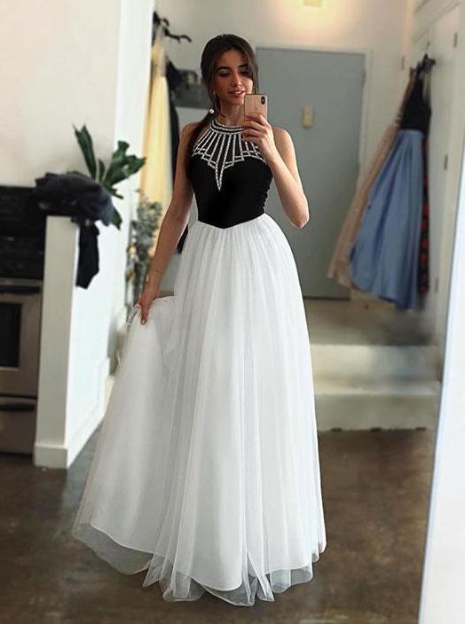 unique black white tulle halter long prom dress a line party dress