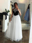 Unique Black White Tulle Halter Long Prom Dress A Line Party Dress MP864