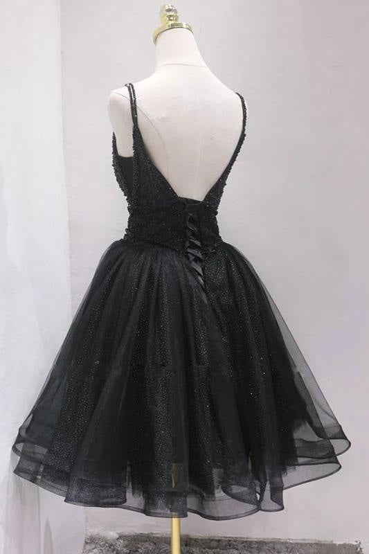Tulle Beading Short Prom Puffy Black Straps Homecoming Dress - Prom Dresses