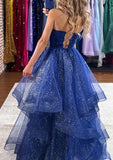 sparkly v neck tulle long prom dress with layered navy blue formal gown