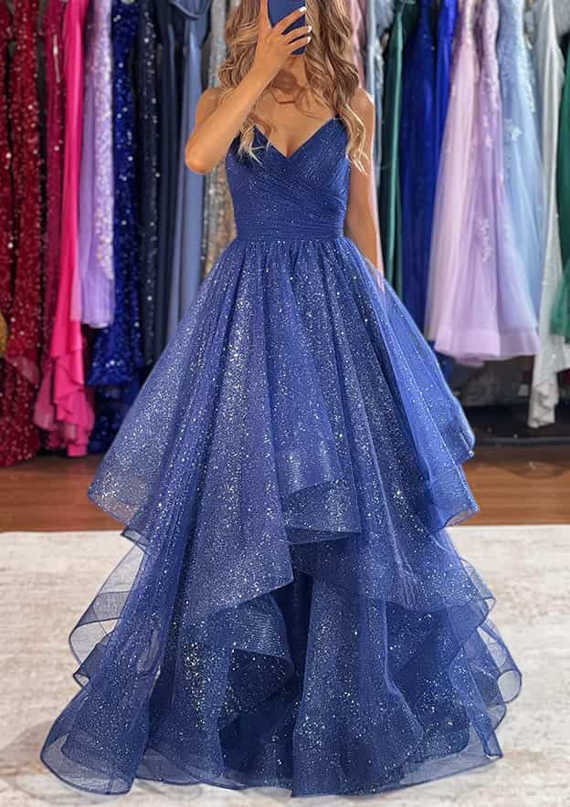 sparkly v neck tulle long prom dress with layered navy blue formal gown
