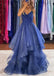 sparkly v neck tulle long prom dress with layered navy blue formal gown