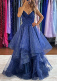 sparkly v neck tulle long prom dress with layered navy blue formal gown