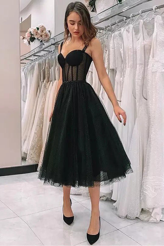Sweetheart Straps Black Tea Length Prom Dress Short Homecoming Dress GP395