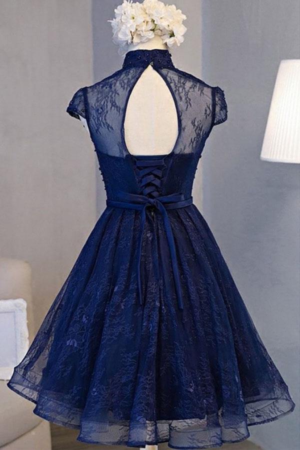 modest cap sleeves navy blue homecoming dress short lace party dress