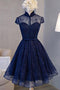 Modest Cap Sleeves Navy Blue Homecoming Dress Short Lace Party Dress GM458