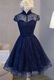 modest cap sleeves navy blue homecoming dress short lace party dress