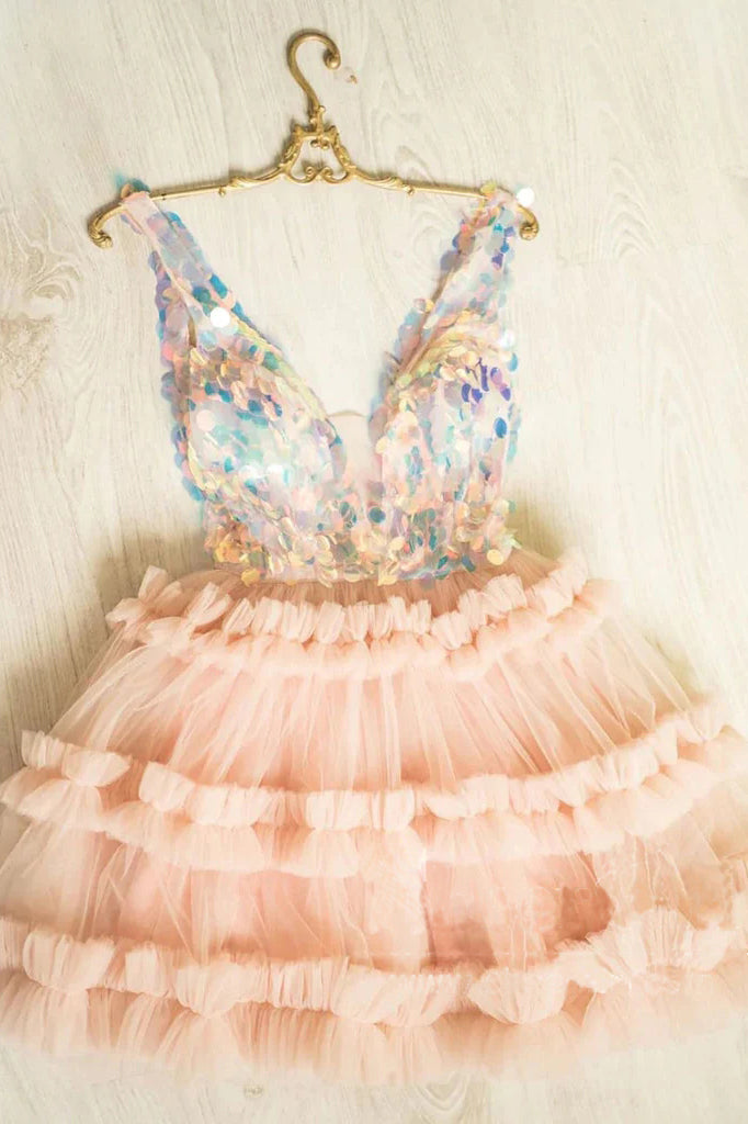 sequins bodice pink tulle homecoming dress v neck sweet 16 dresses