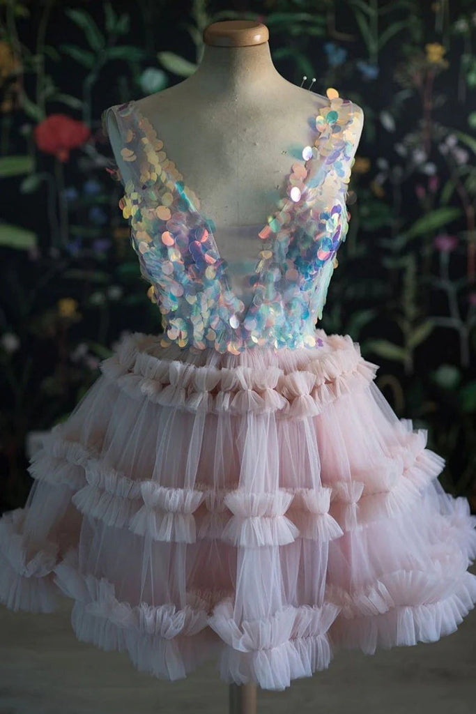 sequins bodice pink tulle homecoming dress v neck sweet 16 dresses