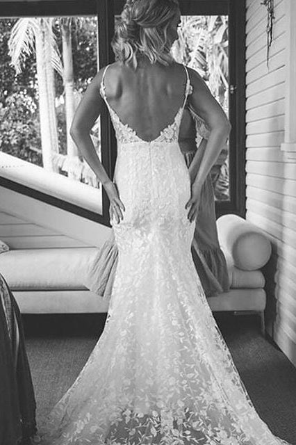 Elegant V Neck Spaghetti Straps Lace Slit Wedding Dresses, Mermaid Bridal Gown PW525