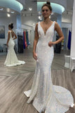 Sequined White Deep V Neck Mermaid Prom Dress, Sleeveless Long Formal Gown GP439