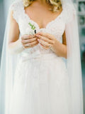 cap sleeves a line v neck tulle wedding dresses with lace appliques