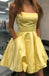 a line strapless yellow satin short homecoming dress with pockets