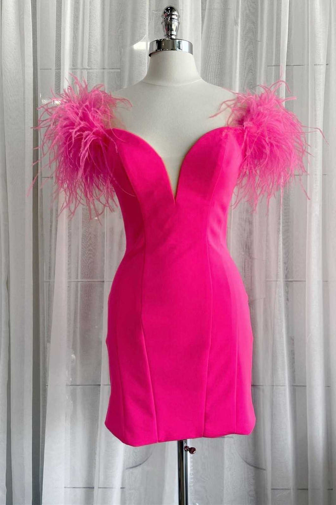 hot pink off the shoulder cocktail party dresses with feathered